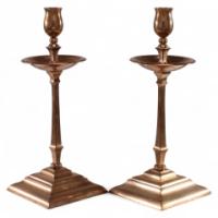 W. A. S. Benson, Pair of Arts & Crafts Copper and Brass Candlesticks