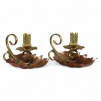 Arts & Crafts c.1900 Pair of Copper and Brass Lily Pad Candle Night Lights