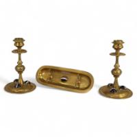 A Gothic Revival Brass Desk Set with a Pair of Candlesticks & Matching Pen Tray