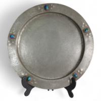 Liberty & Co. Attributed, Arts & Crafts hand hammered pewter plate with five blue enamel jewels - Thumbnail 1
