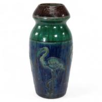 Belgium Art Pottery. A Tall Ceramic Arts & Crafts Vase Decorated with 5 Flamingos - Thumbnail 1