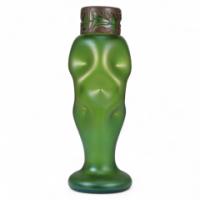 Loetz Attributed, a Tall Art Nouveau Green Iridescent Vase with Brass Floral Collar