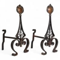 C. R. Ashbee for the Guild of Handicraft Attributed, an Early Pair of Hand Wrought Iron & Copper Fire Dogs