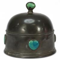 William Hutton, probably for Liberty & Co., Arts & Crafts Pewter Muffin Cover Inset with Ruskin Jewels