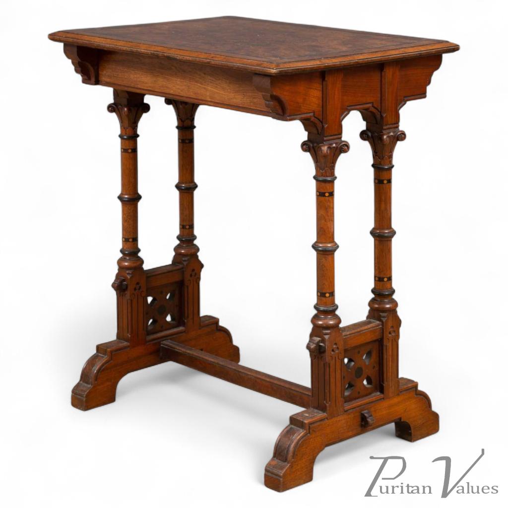 Charles Bevan for Marsh and Jones of Leeds. A Gothic Revival walnut side table with a burr walnut top - Image 1