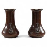 A. E. Jones, Pair of Arts & Crafts Hand-hammered Copper Vases with Silver Teardrop Decoration