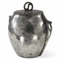William Hutton and Sons, made for Liberty & Co. An Arts & Crafts hand hammered pewter biscuit barrel - Thumbnail 1