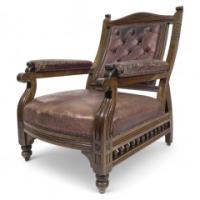 Aesthetic Movement Walnut Library Armchair with a Curvaceous Back & Good Leather Upholstery - Thumbnail 1