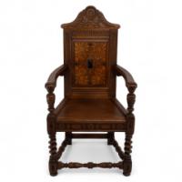 E. W. Godwin Attributed, for William Watt, probably. Oak Shakespeare Armchair with Carved & Marquetry Decoration