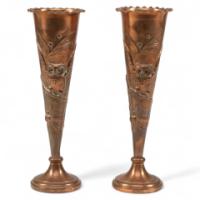 A pair of Arts & Crafts copper vases decorated with wise old owls in pine trees - Thumbnail 1
