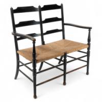 Morris & Co. Rare Arts & Crafts Ebonised ash rush seat ladder back two-seater settee - Thumbnail 1