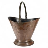 Arts & Crafts Copper Coal Bucket with Floral Decoration & Chocolate Patina