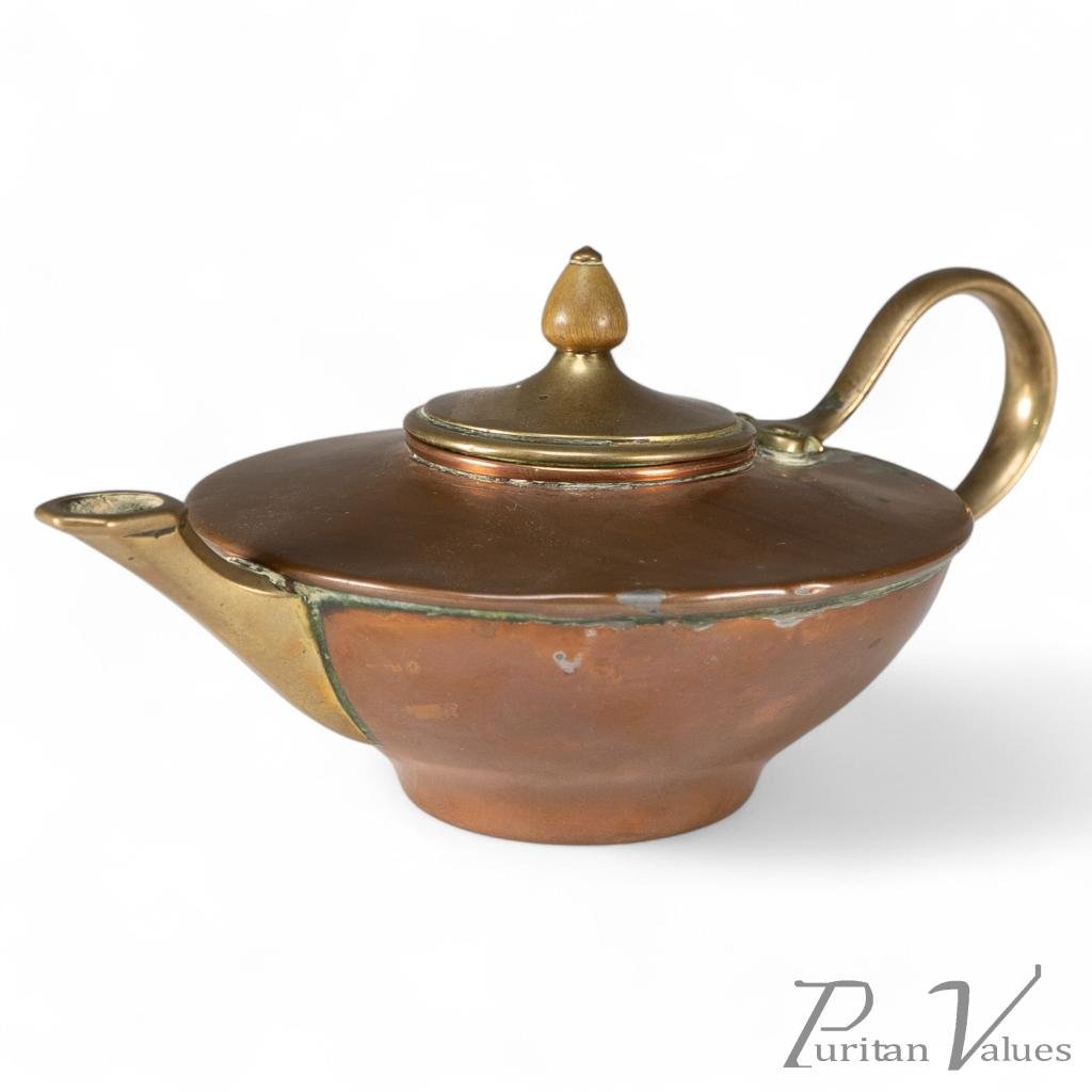 W. A. S. Benson, Small Arts and Crafts Copper and Brass Teapot - Image 1