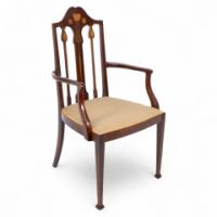 Liberty & Co., Arts & Crafts Mahogany Armchair with Fruitwood Floral Inlay