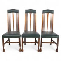 Liberty & Co. Attributed, Set of 3 Dining Chairs with Voysey Style Inlaid Pewter Heart