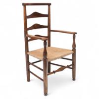 C. R. Ashbee attr. Arts & Crafts Oak ladder back Armchair with re-rushed seat - Thumbnail 1