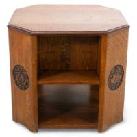 Heal's. Arts & Crafts Octagonal Oak Bookcase/side Table with Carved Decoration - Thumbnail 1