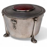 Edith Dawson. Arts & Crafts Silver Pot with Floral Details & Red Enamel Lid