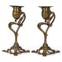 A Nice Quality Pair of English Art Nouveau Candlesticks with Flowing Organic Decor - Thumbnail 1
