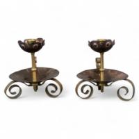 Benham & Froud. Pair of Arts & Crafts Copper Night Candle Holder W. Flower Head