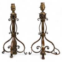 Pair of Arts & Crafts Brass Table Lamps with Leaf Collars c.1910