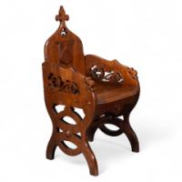 Walford & Donkin. High Gothic Revival Oak Armchair with Carved & Fretwork Sides