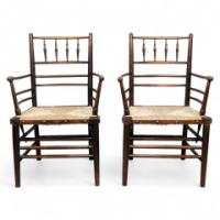 Philip Webb Attributed, Morris & Co., Rare Pair of Large Sussex Armchairs, Fully Restored