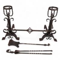 Aesthetic Movement. French. Exceptional Pair of Hand Wrought Iron Fire Dogs