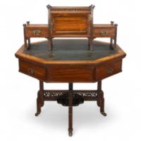 Thomas Jeckyll Attributed, Made by William Walker & Sons. Rare Anglo-Japanese Octagonal Walnut Partner Desk - Thumbnail 1
