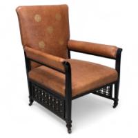 E. W. Godwin Design. Attributed. Anglo-Japanese Armchair with Slightly Curved Pagoda Shaped Arms & Fine Lattice Detailing