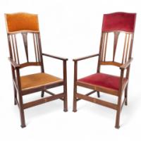 Liberty & Co., Two Arts & Crafts Mahogany Armchairs with Stylised Floral Inlays