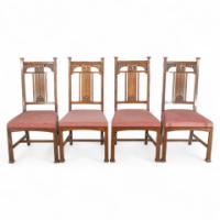 Robson & Sons, Set of 4 Arts & Crafts Oak chairs with carved floral backs