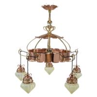 569_was-benson-an-arts-crafts-copper-brass-chandelier-with-5-vaseline-shades-569