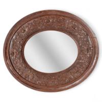 Arts & Crafts Walnut Circular Mirror with Stylised Floral Carved Decoration