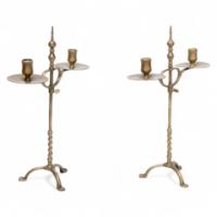 A Pair of Arts & Crafts Brass Twin Branch Candelabras with Adjustable Height