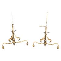 Arts & Crafts, Pair of Brass Three-Branch Ceiling Lights, c.1900