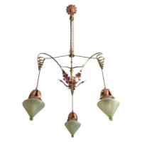 WAS Benson. An impressive copper and brass chandelier retaining the original James Powell of Whitefriars Vaseline glass shades - Thumbnail 1