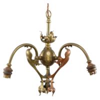 Arts & Crafts Brass Three Arm Ceiling Light with a Flower Bud to the Top