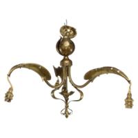 Arts & Crafts Brass Three Arm Ceiling Light with a Central Shaped Sphere & Leaf Decoration - Thumbnail 1