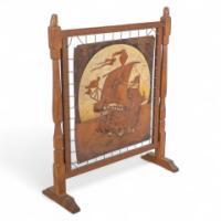 Albert Harrison Thirsk Attributed, a Carved & Adzed Oak Fire Screen with Leather Panel - Thumbnail 1