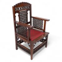 Liberty & Co., Moorish Walnut Armchair with Mashrabiya Turned Details Throughout