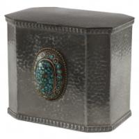 W. A. Perry, Arts & Crafts Hand Hammered Pewter Box with Oval Turquoise Jewel
