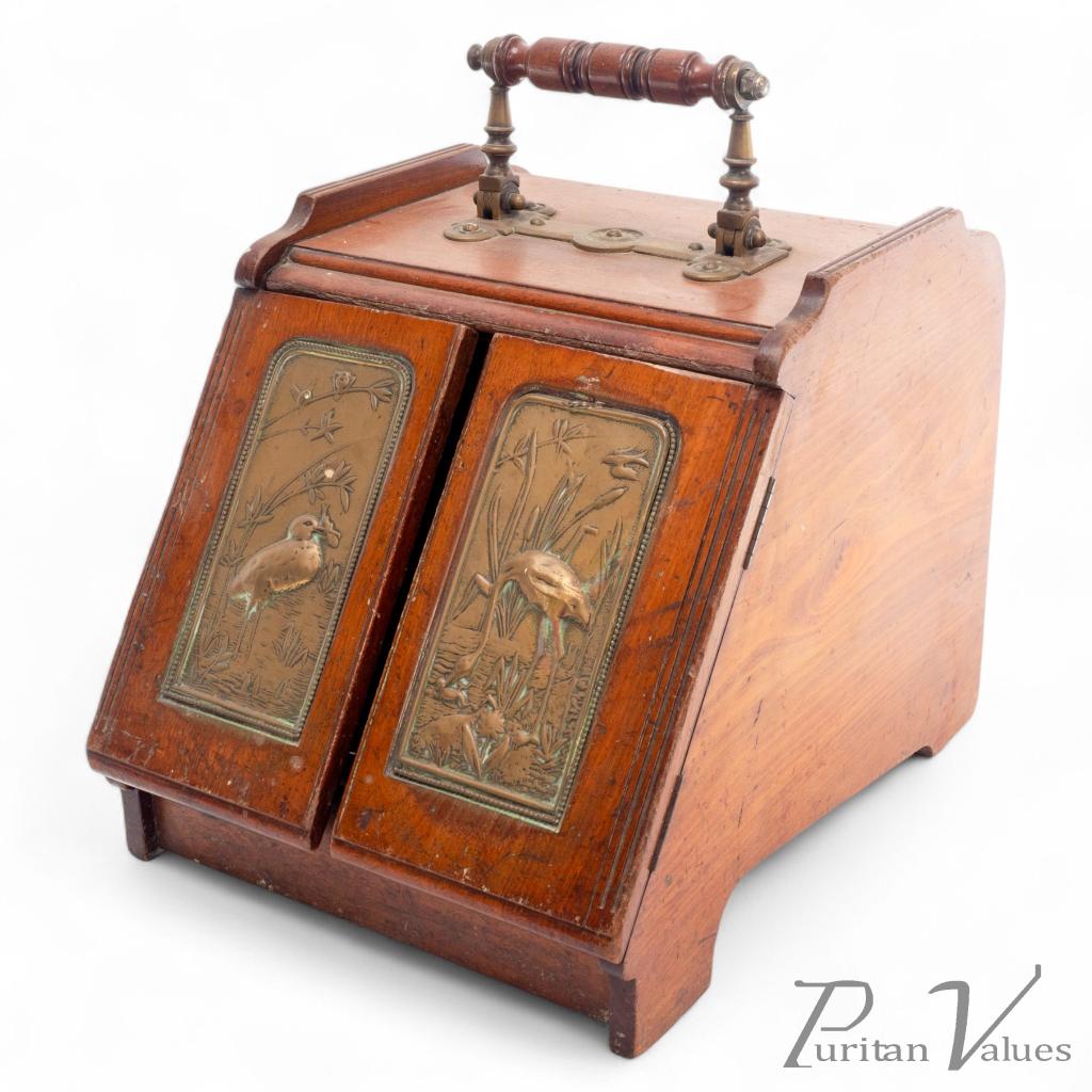 Aesthetic Movement Walnut Metamorphic Coal Box with Herons in a River Scene - Image 1