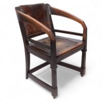 Henry Van De Velde, Style of. Arts & Crafts Oak Armchair Original Leather - Thumbnail 1