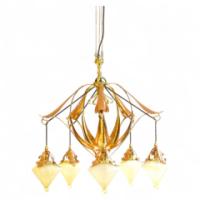 W. A. S. Benson. Rare five arm chandelier with original James Powell Vaseline shades - Thumbnail 1