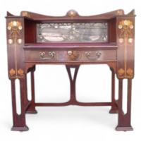 Shapland & Petter. A fantastic mahogany desk inlaid with stylised flowers of various fruit woods - Thumbnail 1
