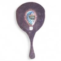 A vanity mirror with enamelled stylised Peacock to the back and enamelled letter amongst green heart shaped leaves. - Thumbnail 1