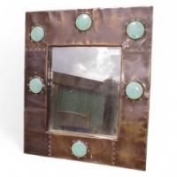 A large Arts & Crafts copper mirror with six large Ruskin roundel's. - Thumbnail 1