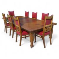 Shapland & Petter. An Arts & Crafts Oak 14 seater extending dining table with three leaves and eight matching chairs - Thumbnail 1