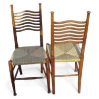 William Birch. A rare set of twelve William Birch Arts & Crafts rush seated ladder back dining chairs - Thumbnail 1